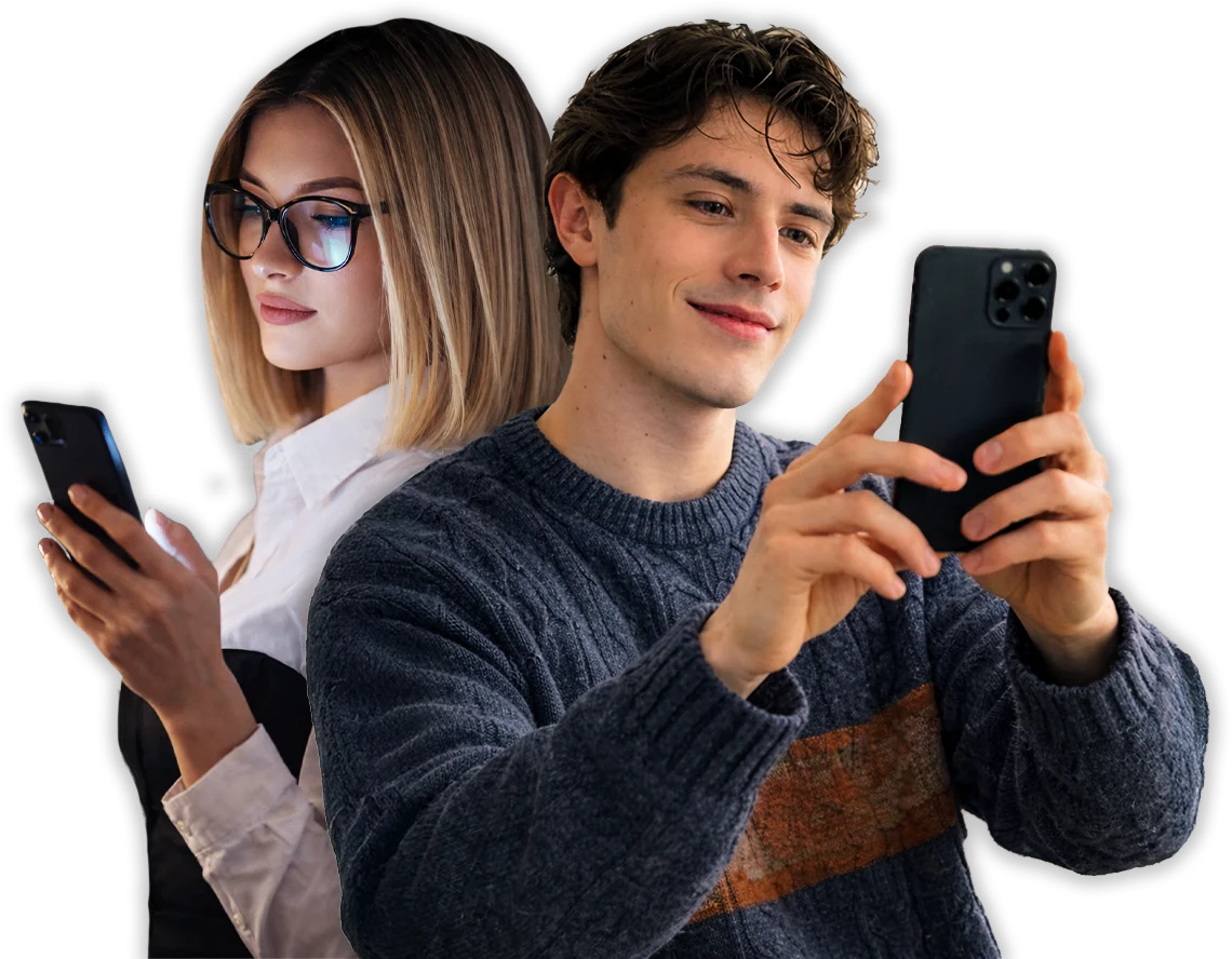 Due del team KickOff con il telefono in mano