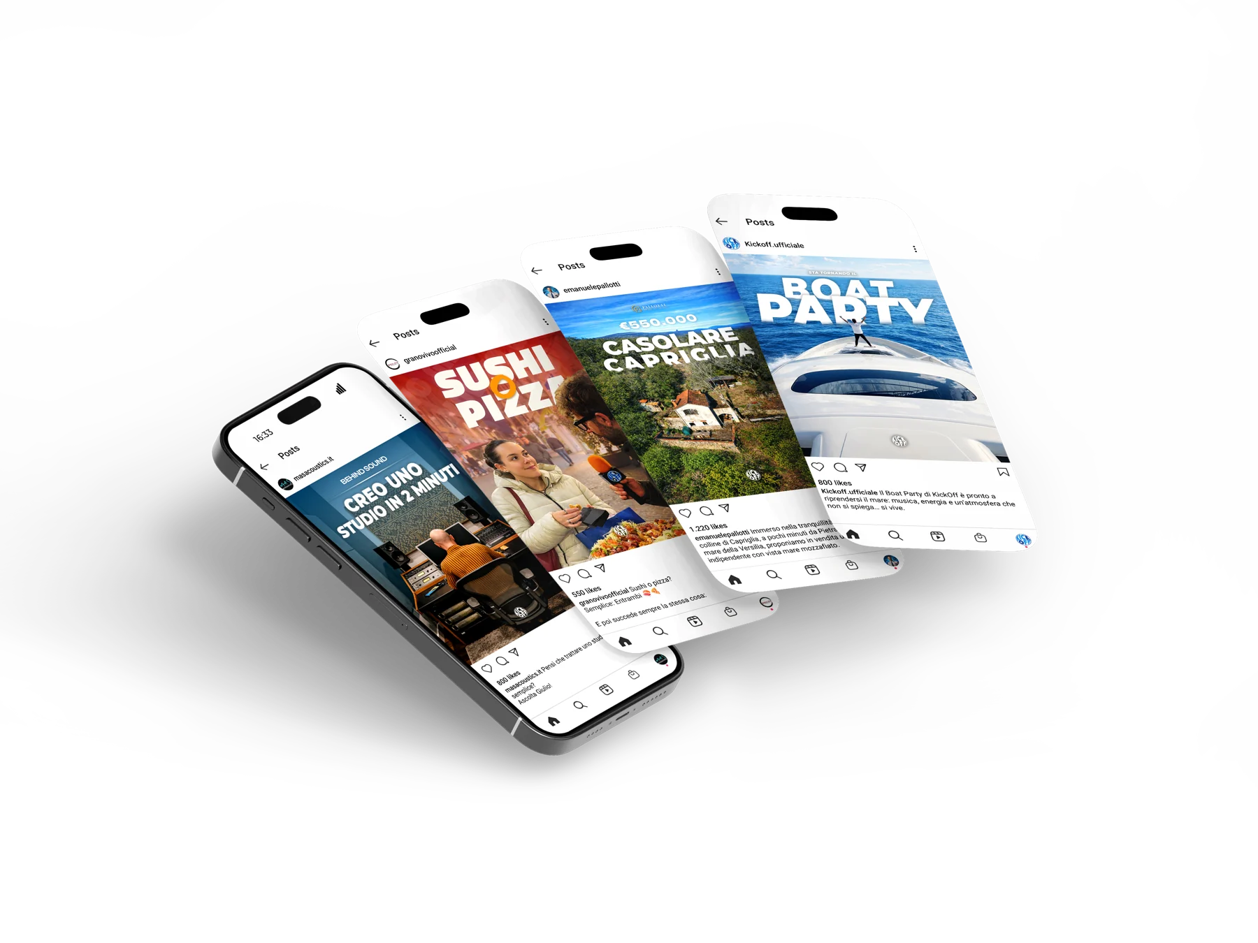 Post Instagram realizzati da KickOff per i clienti, su quattro telefoni